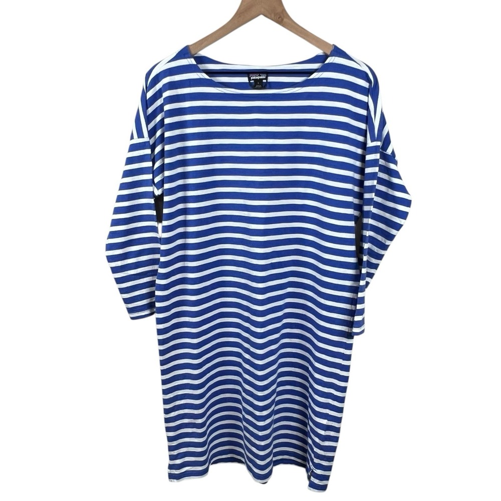 Patagonia Womens Large Blue White Striped Seatoller Dress 3/4 Sleeve Nautical